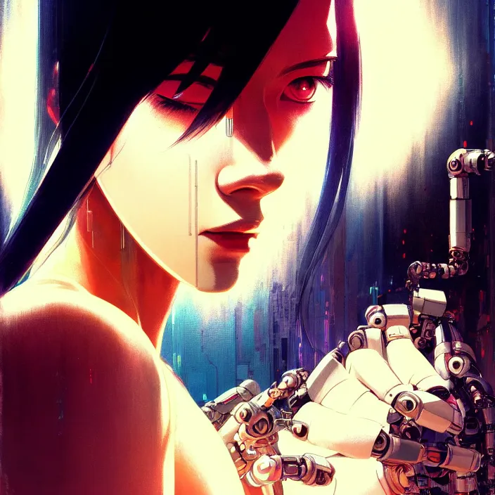 Image similar to side portrait of cyborg girl with robotic parts | | head only in center of image, audrey plaza, fine detail!! anime!! realistic shaded lighting!! poster by ilya kuvshinov katsuhiro otomo ghost - in - the - shell, magali villeneuve, artgerm, jeremy lipkin and michael garmash and rob rey