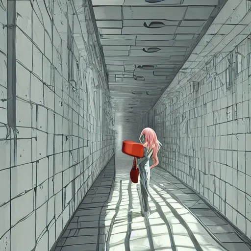 Image similar to a beautiful slimegirl woman in a bright white hallway with many doors and many stairs, Mc Escher architecture, epic composition, by Makoto Shinkai