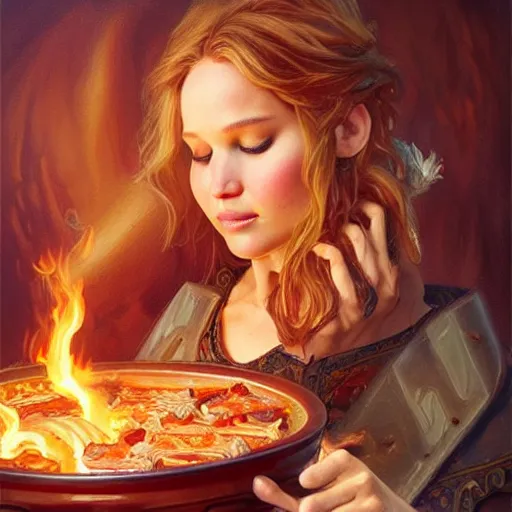 Image similar to Jennifer Lawrence Eating BBQ Ribs, dripping BBQ Sauce, D&D, fantasy, intricate, elegant, highly detailed, digital painting, artstation, concept art, matte, sharp focus, illustration, hearthstone, art by Artgerm and Greg Rutkowski and Alphonse Mucha