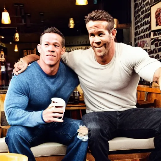 Image similar to john cena and ryan reynolds having a drink in a local coffee shop in the style of a sitcom