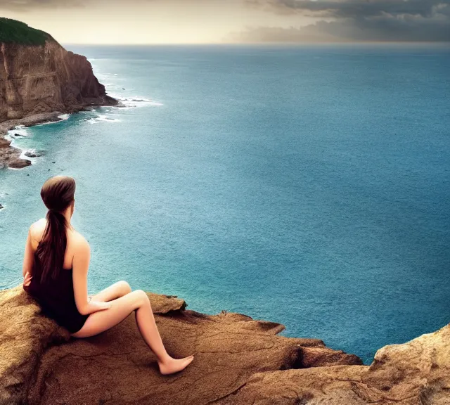 Image similar to a 4 k photorealistic photo of a girl sitting on a cliff overlooking a beach