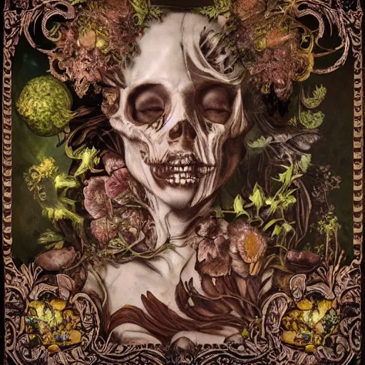 Image similar to a beautiful detailed front view baroque portrait of a rotten woman corpse becoming almost a skull with fractal plants and fractal flowers and mushrooms growing around, intricate, ornate, volumetric light, beautiful lit, polaroid photography