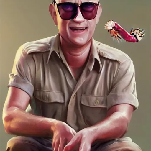 Image similar to tom hanks as forrest gump has shrimps instead of hands, photorealistic, cgsociety, artstation