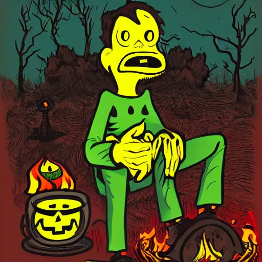 Prompt: spooky boy lit by campfire, illustration by Jamie Hewlett, bold colors