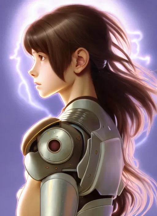 Prompt: young mysterious girl with light hazelnut hair with side swept bangs, perfectly proportioned face, brown eyes, strong square jawline, natural lighting, path traced, highly detailed, high quality, cartoon, digital painting, by new haicheng and studio ghibli and alphonse mucha wearing an cyborg space armor designed by neill blomkamp