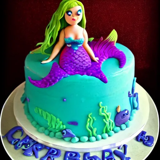 Image similar to angry mermaid themed birthday cake, food photography,