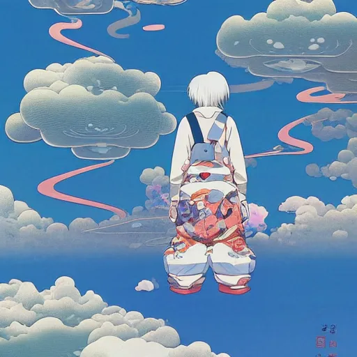 Image similar to a man walking on clouds above kyoto by takashi murakami, beeple and james jean, aya takano color style, 4 k, super detailed