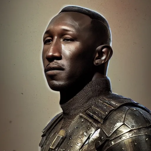 Image similar to mahershala ali portrait, dystopia core, apocalyptic, armor, warrior, dramatic, sharp focus, fiction, neon, fantasy, hyper detailed, digital art, trending in artstation, cinematic lighting, studio quality, smooth render, unreal engine 5 rendered, octane rendered, art style and nixeu and wlop and krenz cushart