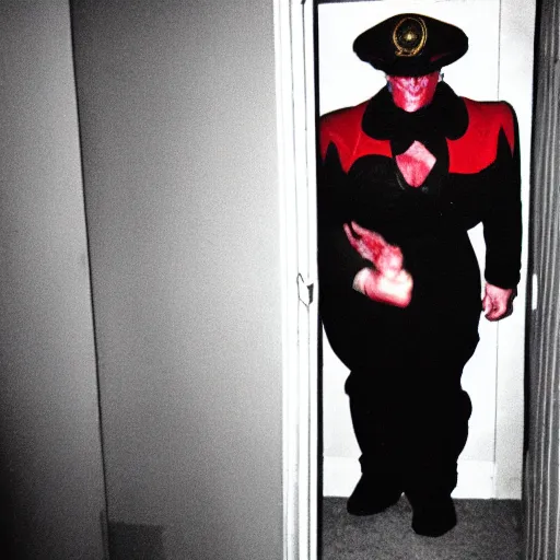 Prompt: grainy photo of m. bison as a creepy monster in a closet, harsh flash