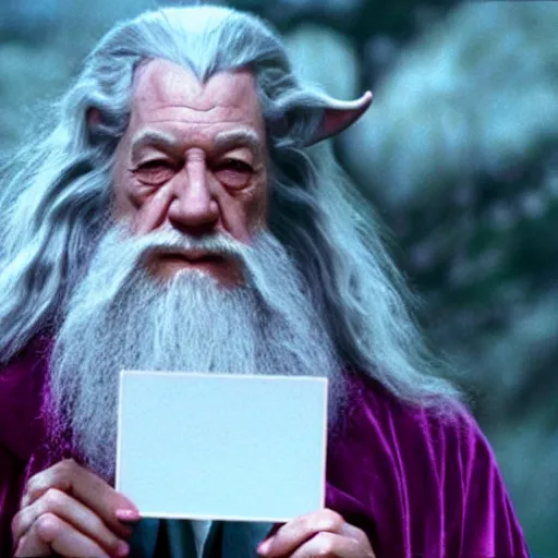 Prompt: portrait of gandalf, wearing a large pink velvet hair bow, holding a blank playing card up to the camera, movie still from the lord of the rings