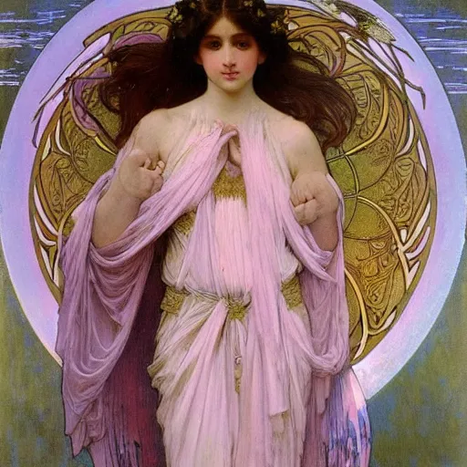 Prompt: painting of a beautifully robed angel with long thick pink hair with huge white feather wings, intricate, elegant, hyperdetailed, by alphonse mucha and william - adolphe bouguereau and john william waterhouse