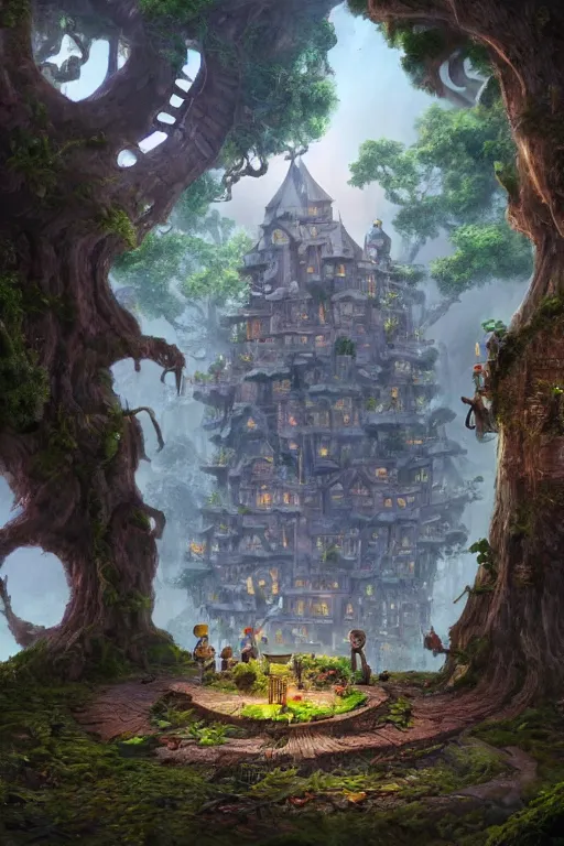 Prompt: a miniature city built into the trunk of a single colossal tree in the forest, with tiny people, in the style of tyler edlin, lit windows, small figure looking out in the foreground, close - up, low angle, wide angle, awe - inspiring, highly detailed digital art