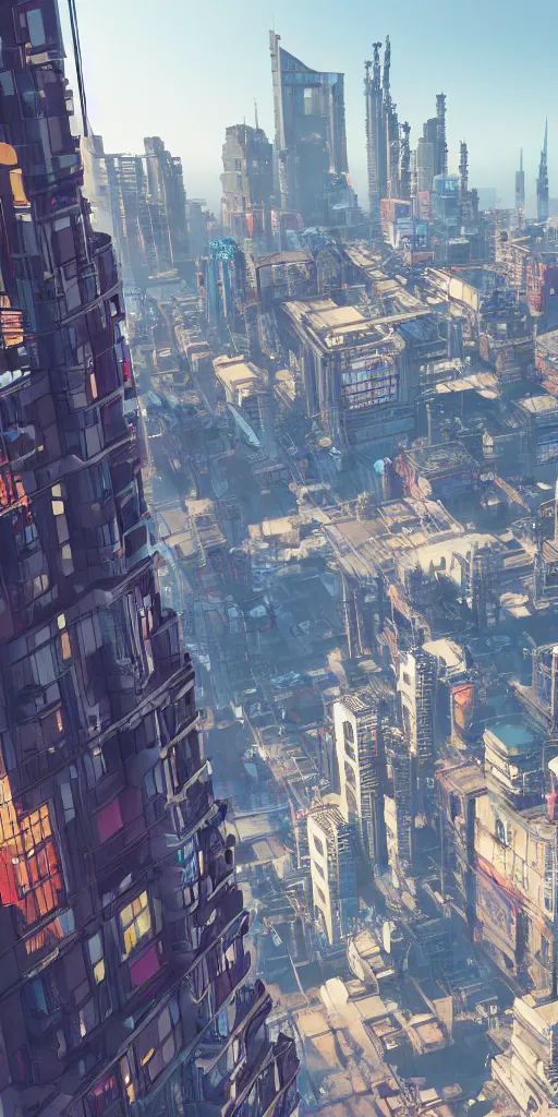 Image similar to view from a penthouse in a cyberpunk city drawn by jack kirby, 8 k, raytracing, unreal engine 5,