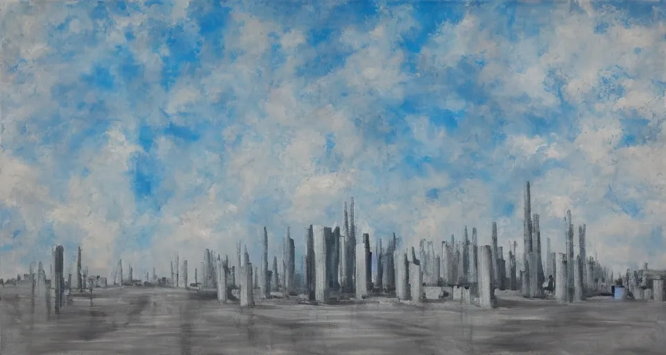 Image similar to world of only concrete, a flat endless plane of concrete covered in thin, very tall concrete pillars talk enough to go above the frame that go on to the horizon, open sky, blue sky with clouds, god rays, beautiful painting, oil on canvas, by Ewa Czarniecka, award winning masterpiece,