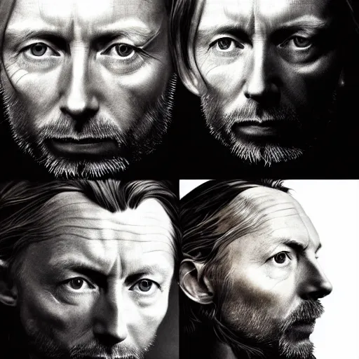 Image similar to collages, hyper realistic, many variations portrait of very old thom yorke, face variations, singer songwriter, ( side ) profile, liminal space, by lee bermejo, alphonse mucha and greg rutkowski, greybeard, smooth face