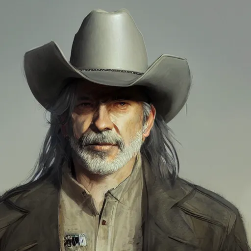 Image similar to portrait of a man with a long duster, grey hair and a cowboy hat, harsh good looking face, middle aged, drawn by Ruan Jia, disco elysium style, highly detailed