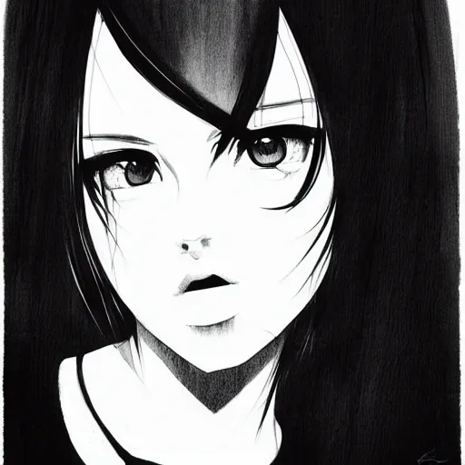 Image similar to an ink drawing of a tech punk girl by ilya kuvshinov, black and white