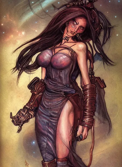 Image similar to portrait of female space pirate, night sky background, beautiful! coherent! by brom, by brian froud, deep color, strong line, high contrast