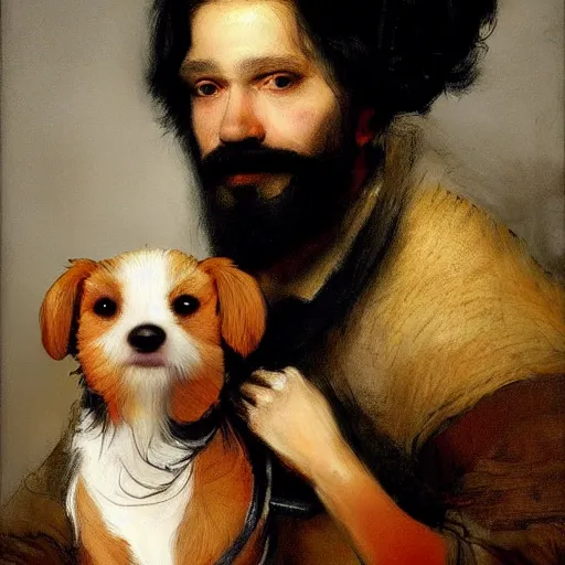 Prompt: a beautiful painting dramatic portrait of a young man with long black hair tied in a bun and black beard holding a jack russell dog by rembrandt, featured on artstation
