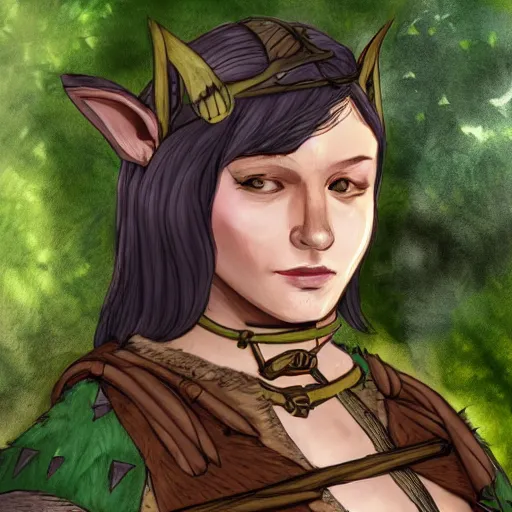 Prompt: athena as a medieval fantasy wood elf, dark purplish hair tucked behind ears, wearing a green tunic with a fur lined collar and brown leather armor, wide, muscular build, scar across nose, one black, scaled arm, cinematic, character art, digital art, forest background, realistic. 8 k