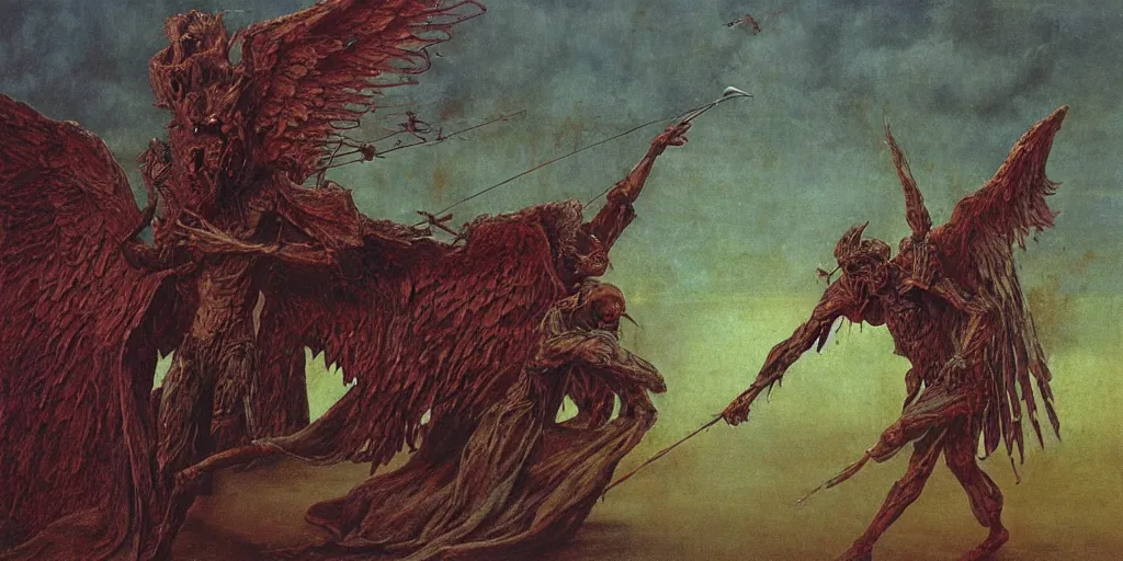 Image similar to satan fights against an archangel with large wings, beksinski, dariusz zawadzki