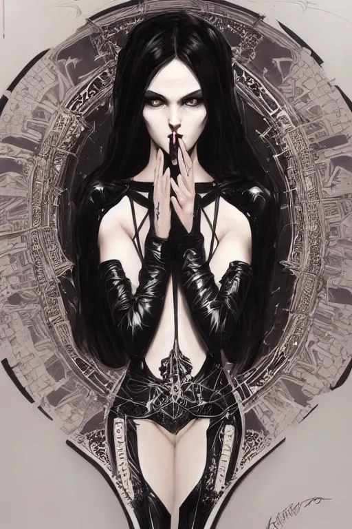 Prompt: beautiful pale gothic girl in black latex intricate, symmetrical front, elegant, highly detailed, digital painting, artstation, concept art, smooth, sharp focus, illustration, art by artgerm and greg rutkowski and alphonse mucha