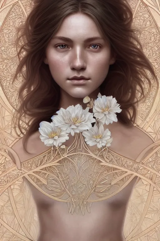 Image similar to symmetry!! full body portrait!!!! of a beautiful!!!! delicate elegant nordic shield maiden, pretty face!!!!, flower petals, intricate, elegant, highly detailed, digital painting, artstation, concept art, smooth, sharp focus, illustration, art by artgerm and greg rutkowski and alphonse mucha, 8 k