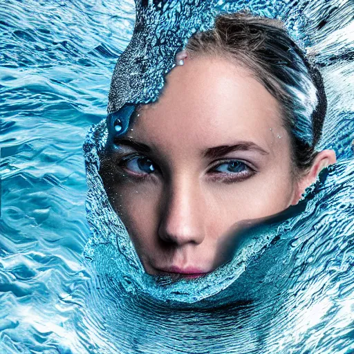 Image similar to water artwork manipulation in the shape of a human head, on the ocean water, futuristic style, hyper realistic, ray tracing, realistic water, sharp focus, long shot, 8 k resolution, cinematic, photoshop water art