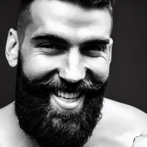 Image similar to Black and white photography of a very muscular man smiling with a chiseled jawline and trimmed beard