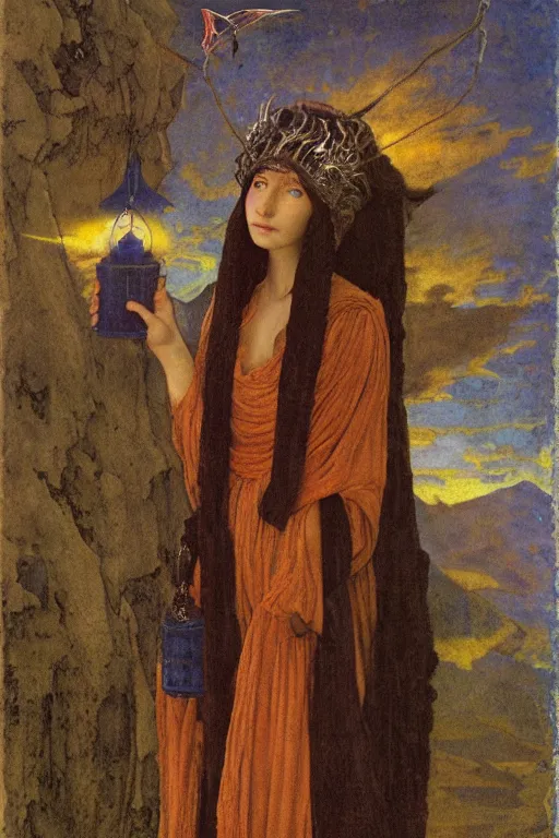 Image similar to portrait of the last goth witch of the dawn mountains with her lantern and regalia, by Annie Swynnerton and Nicholas Roerich and John Bauer and John William Godward and Donato Giancola and Vermeer, embroidered velvet, iridescent beetles, rich color, ornate headdress, flowing robes, lost runes, ancient civilizations, dramatic cinematic lighting, featured on Artstation, extremely detailed