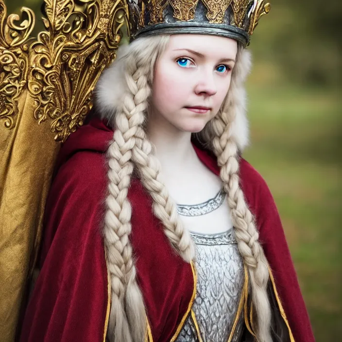 Prompt: portrait photograph of a real-life extremely beautiful!! young adult nordic queen with ornate cloak and crown, looking at the camera!!. Extremely detailed. 8k