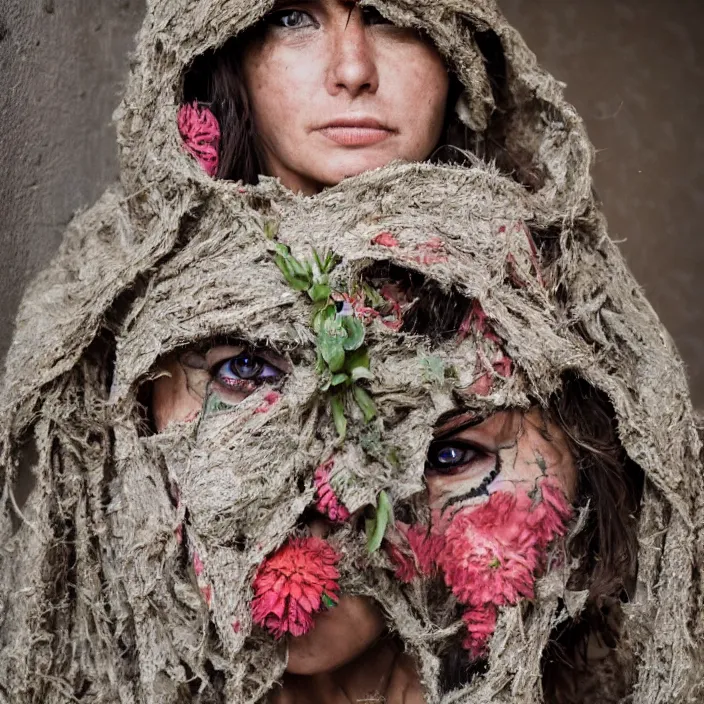 Image similar to a closeup portrait of a woman wearing a hooded cloak made of zinnias and barbed wire, in a derelict house, by Michela Riva, natural light, detailed face, CANON Eos C300, ƒ1.8, 35mm, 8K, medium-format print