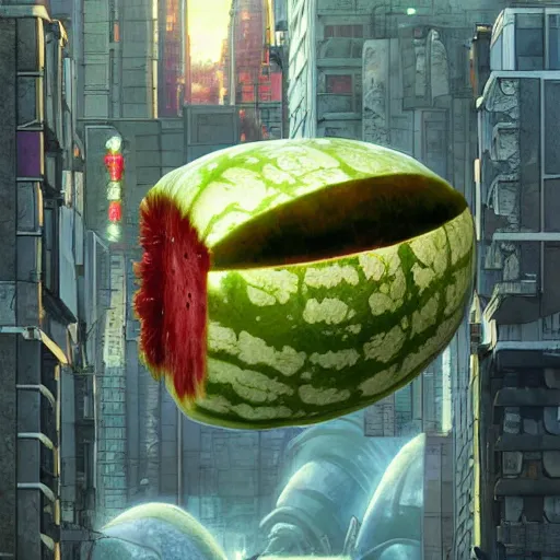 Image similar to Concept Digital Art Highly detailed giant Watermelon warlord destroying city by Stephen Hickman and Beeple. Very highly detailed 8K,Pentax 67, Kodak Portra 400 in style of Hiromasa Ogura Ghost in the Shell, the golden ratio, rational painting