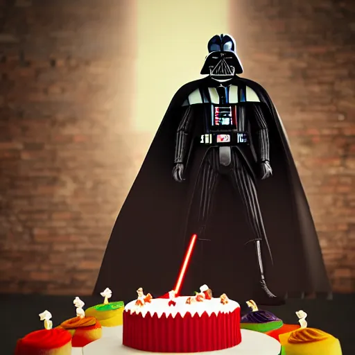 Image similar to darth vader at a Birthday party wearing a birthday hat, award winning, trending on artstation, unreal engine