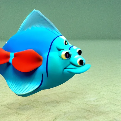 Prompt: a 3d render of a fish underwater that is looking a boat , in the style of a pixar cartoon, disney cartoon