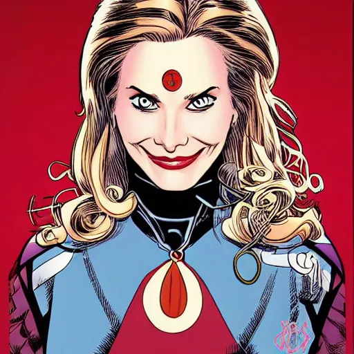 Prompt: Arthur Adams comic art, stunning female Actress Audrey Plaza, spy, eye patch over left eye, evil smile, symmetrical face, symmetrical eyes, tailored clothing, long straight blonde hair, full body, Winter night