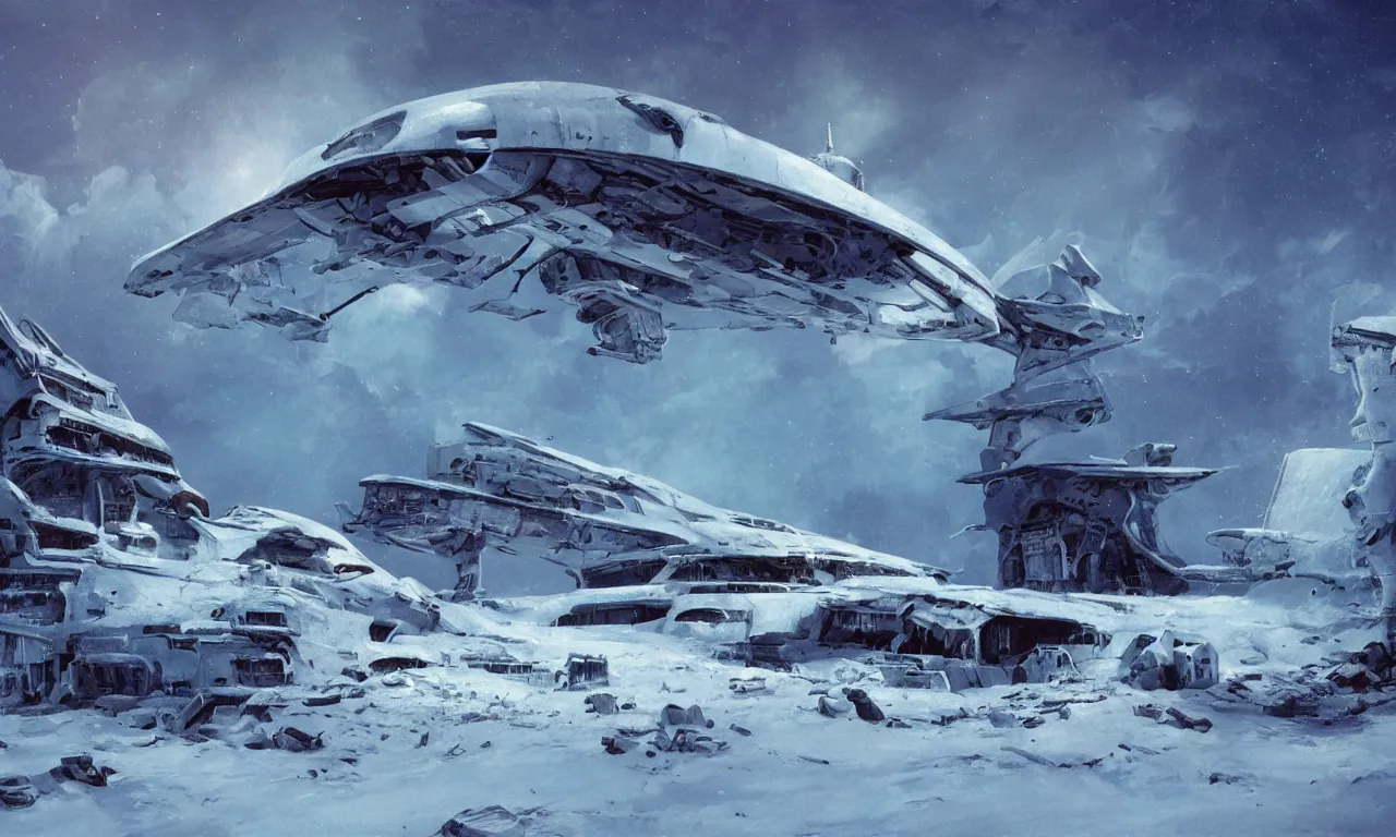 Image similar to remains of a derelict spaceship covered in snow on a frozen alien world, science-fiction, cinematic lighting, cinematic angle, Syd Mead, Federico Pelat, daylight, blue sky, spaceship in the sky