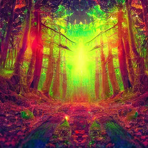 Image similar to bright forest, sparkling three eyed spirits, detailed wide shot, bright colors, ground detailed, wet eyes reflecting into eyes reflecting into infinity, beautiful lighting