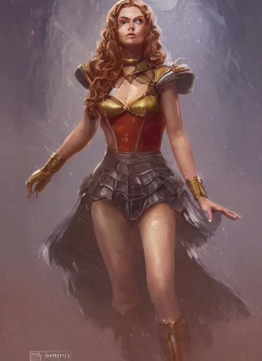 Prompt: beautiful female dorothy gale, rebecca romijn as dorothy, full body character concept, armor, super powers, fantasy, intricate, elegant, highly detailed, digital painting, artstation, concept art, shining, sharp focus, illustration, art by stanley lau