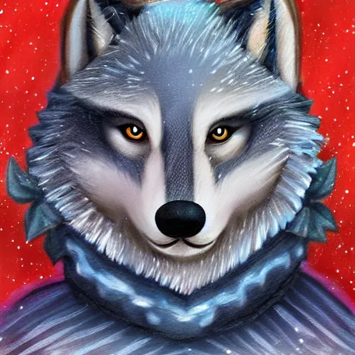 Prompt: Beautiful portrait commission of an anthro anthropomorphic wolf wearing a cute cozy soft pastel winter outfit winter Atmosphere. detailed, inked, western comic book art, award winning painting