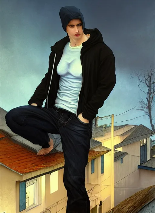 Image similar to handsome young man with short black hair, glowing light blue eyes, pale skin, crouching on the roof of a house, in a neighbourhood, at night, wearing jeans and a black hoodie, realistic painting by ross tran and gerald brom and alphonse mucha, trending on artstation