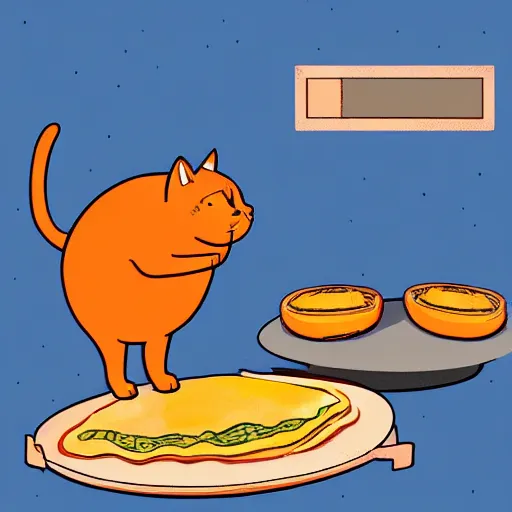 Prompt: fat orange cat on a table with lasagna new yorker illustration