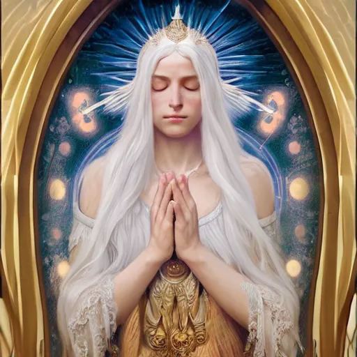 Prompt: goddess, white hair, long hair, praying, folded hands, closed eyes, serious face, full body, artstation, highly detailed, georgeus, ethereal, halo in the background, by artgerm and alphonse mucha and greg rutkowski