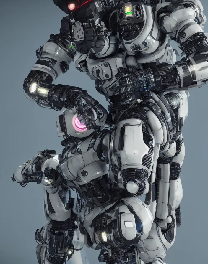 Prompt: full body portrait photo of japanese exosuit with digital led indicators, thin neon lighting, portrait photo, intricate details, ultra realistic, unreal engine 5, depth of field, bokeh, octane render, 8 k hd