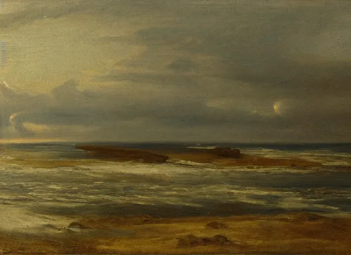 Prompt: the north sea ( doggerland ) frozen over and the water lowered during the last ice ages, in the style of hudson river school of art, oil on canvas