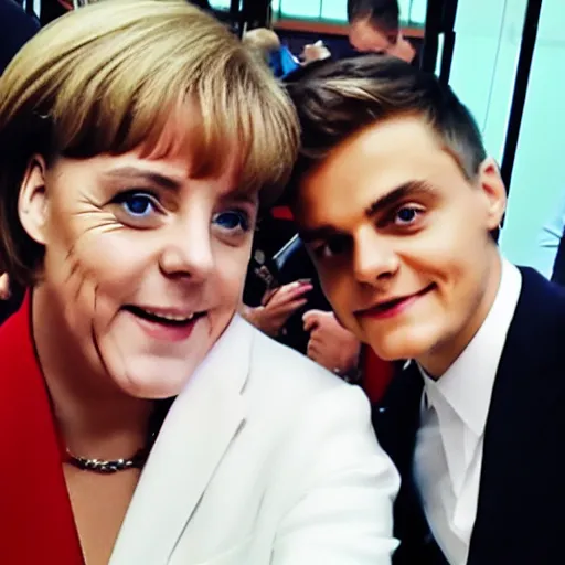 Prompt: martin garrix taking a selfie with angela merkel