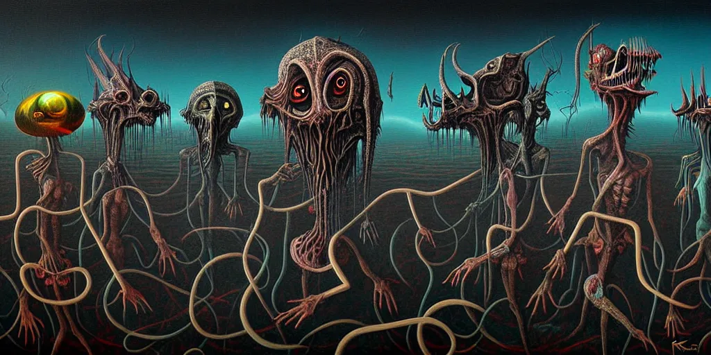 Image similar to creatures lurking in the collective unconscious, in a dark surreal painting by ronny khalil