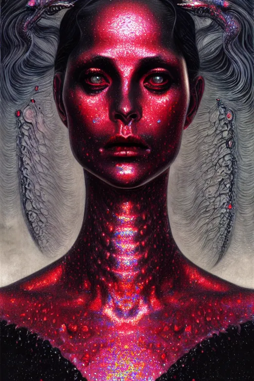 Prompt: pearlescent black red lilith! the mother of all monsters!!, covered in holographic glitter!!, raining ash, fine art masterpiece, highly detailed dino valls wayne barlowe machiej kuciara, dramatic lighting, long shot, side angle, uhd 8 k, sharp focus