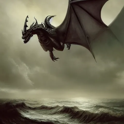 Image similar to dragon, huge wings, scary weather, stormy, ocean, exudes terror ， island ， castle ， vine, spitfire, photography, hyperrealistic, by greg rutkowski, smooth, illustration, elegant, artstation, digital painting.