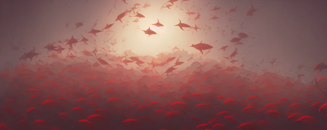 Prompt: piranhas swarming, blood in the water, atey ghailan, goro fujita, studio ghibli, rim light, terrifying, red tint, dark lighting, clear focus, very coherent